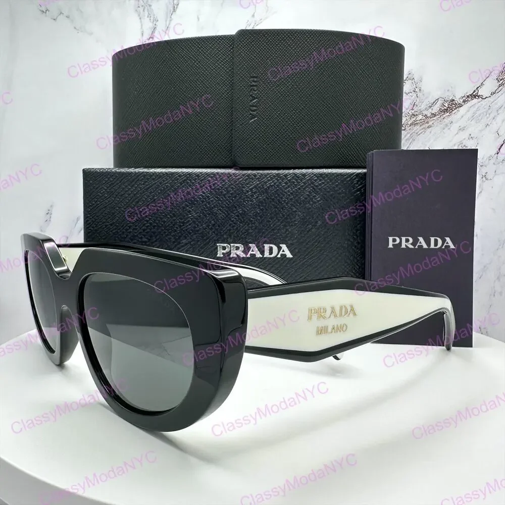 New PRADA Sunglasses Black White Talc Gold Symbole Oval Cat Eye Womens
